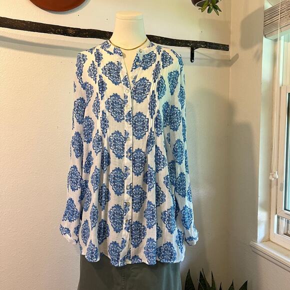Nanette Lepore Blue Print Lightweight Summer Beach Tunic Blouse Cover Up Size L - Picture 1 of 11